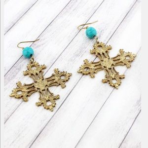 Cross Dangle Turquoise Bead Earrings Boutique NEW